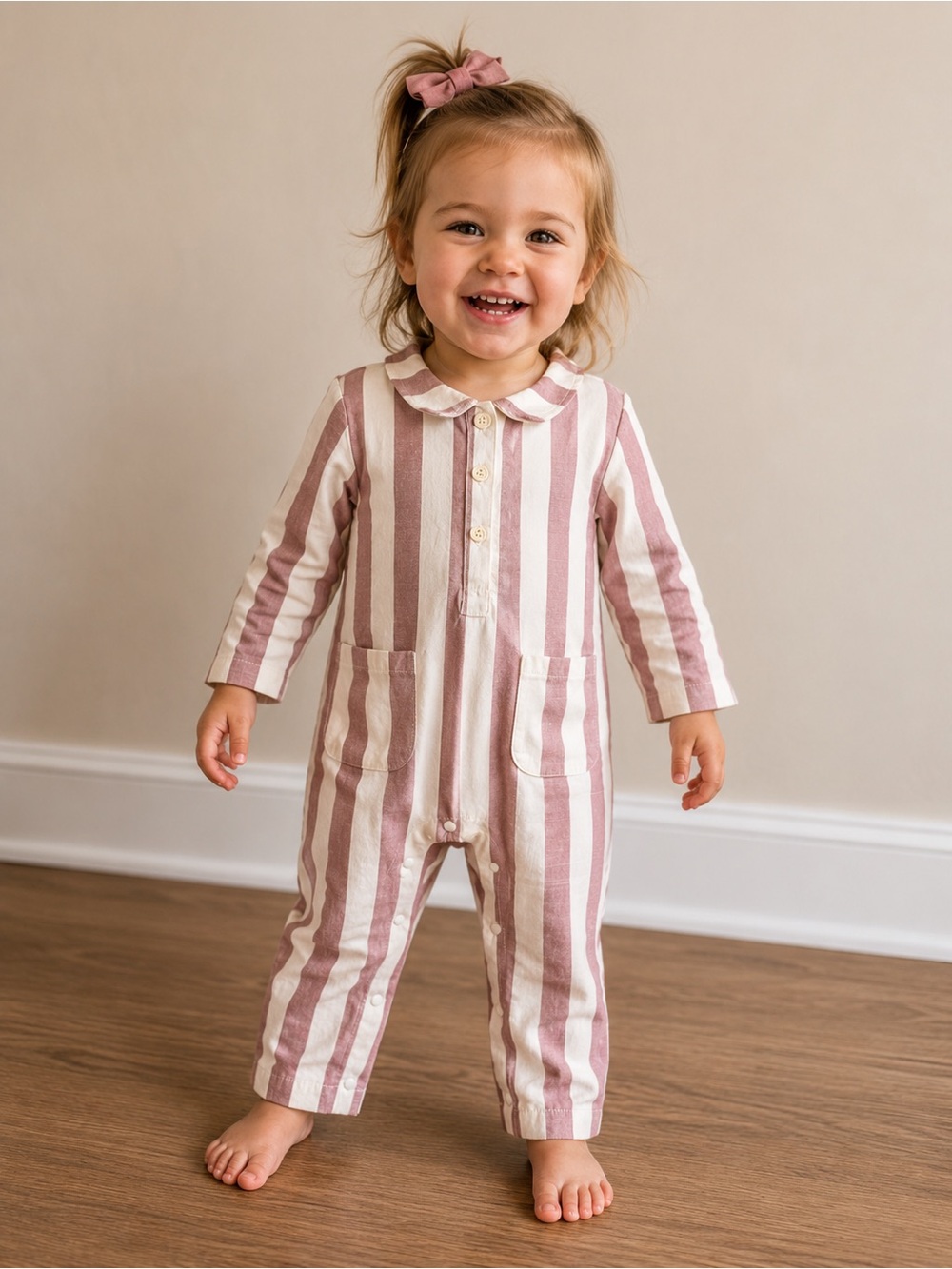 Pink + White Striped Toddler Button Up Jumpsuit